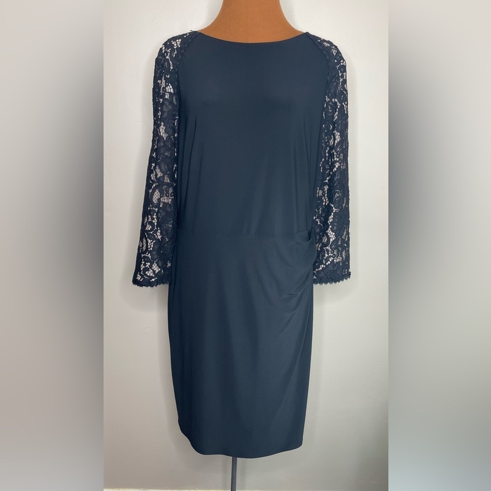 Lauren Ralph Lauren Black Shift Dress Ruching 3/4 Sleeve Crew Neck Size 14
